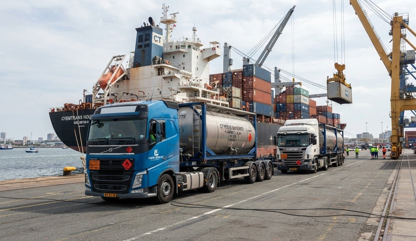 Styrene monomer tank trucks at port