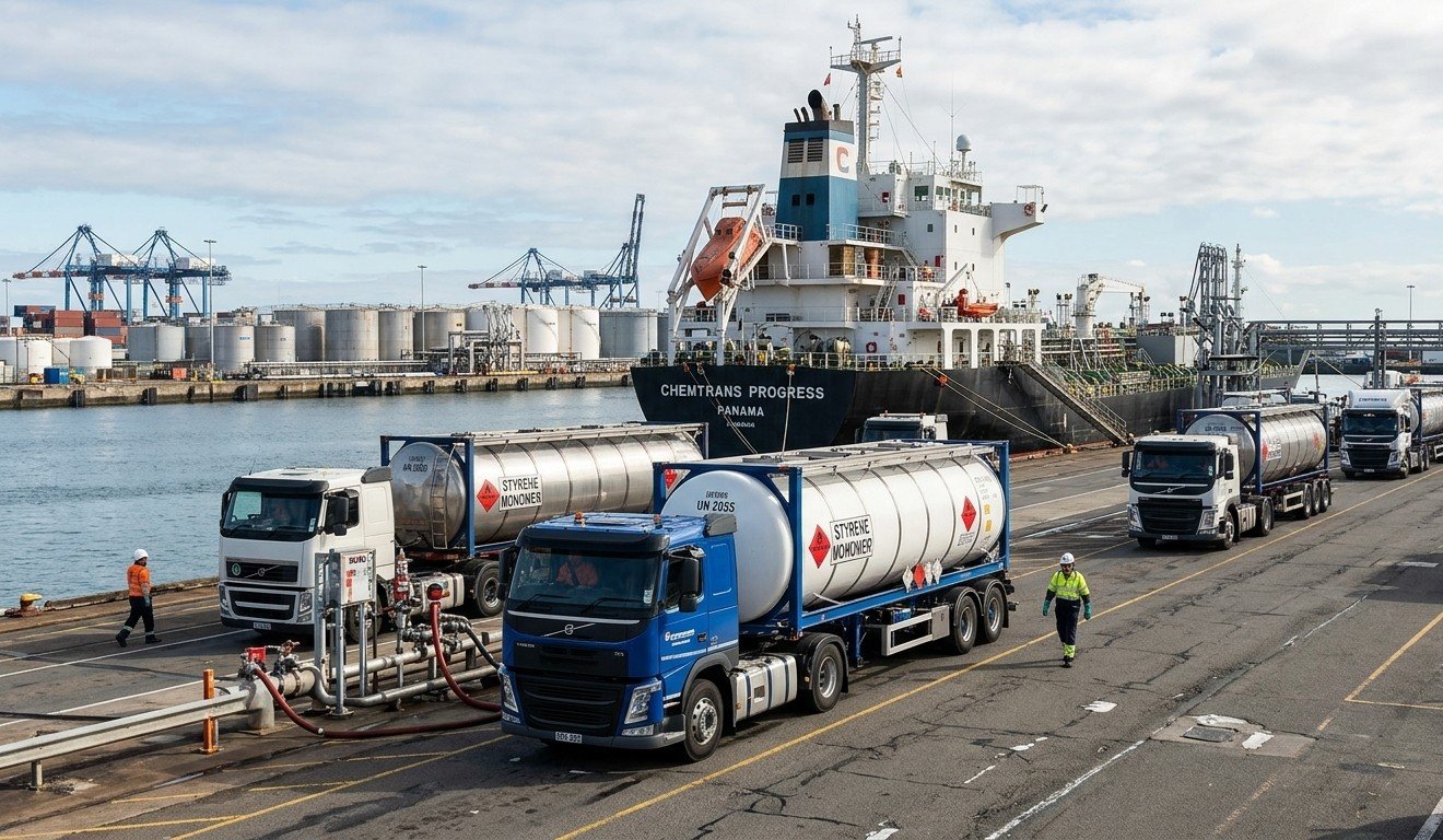 Styrene monomer ISO tank trucks loading at a port terminal